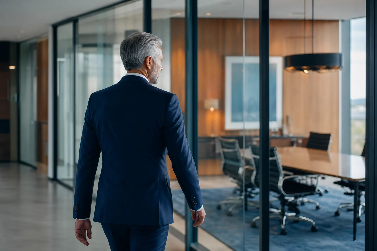 Senior executive advisor approaching a private meeting room