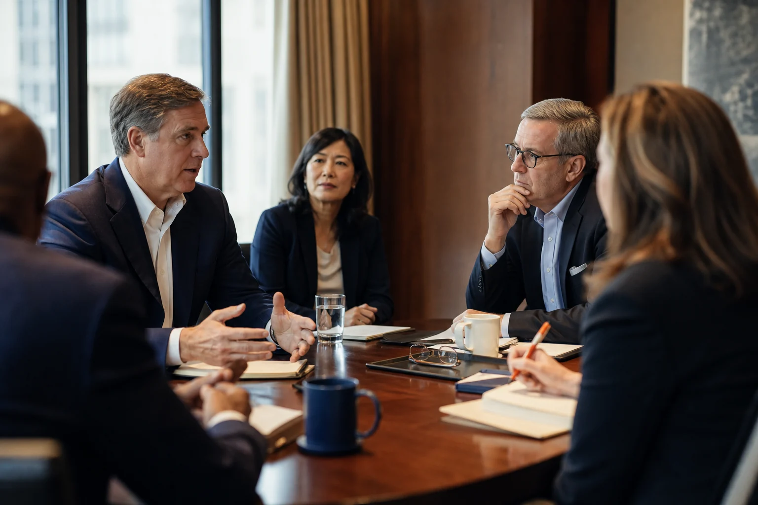 Executives in a confidential boardroom conversation